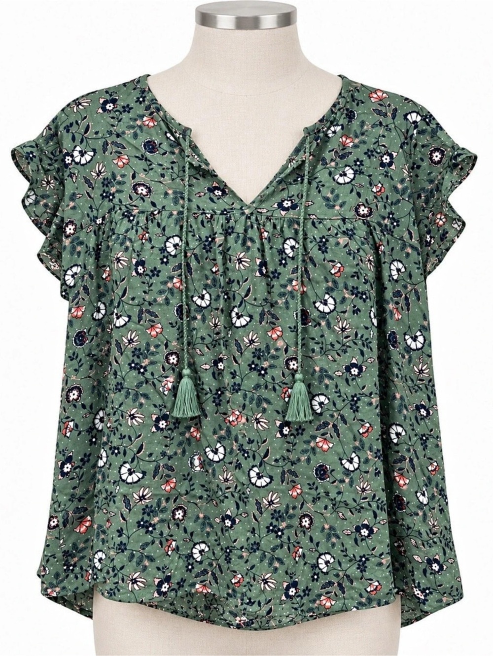 Old Navy XXL Olive Green Floral Boho Flutter Sleeve Tassel Blouse